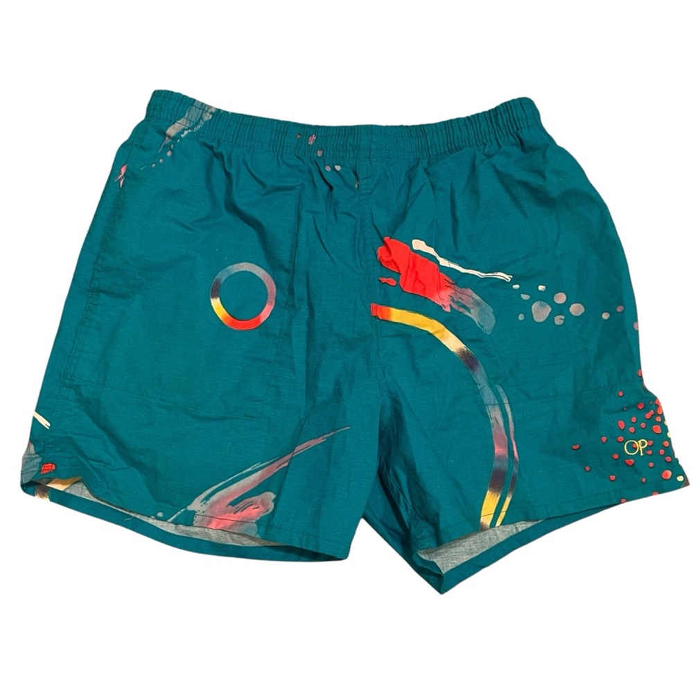 OP Blue Swim Trunks with Elastic Waistband and Aquatic Design